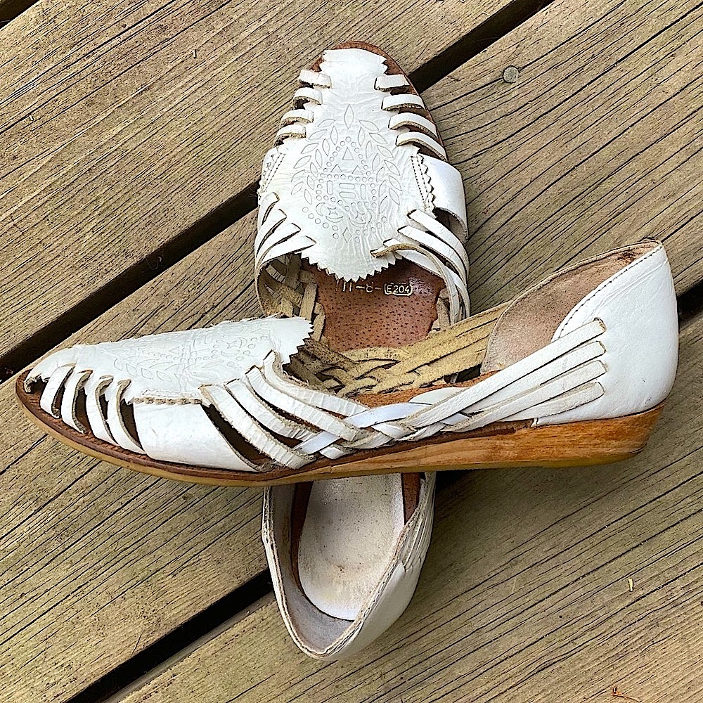 Shoes SANTA MONICA Sandals Espadrille Retro White Leather Wood Wedge Size 7